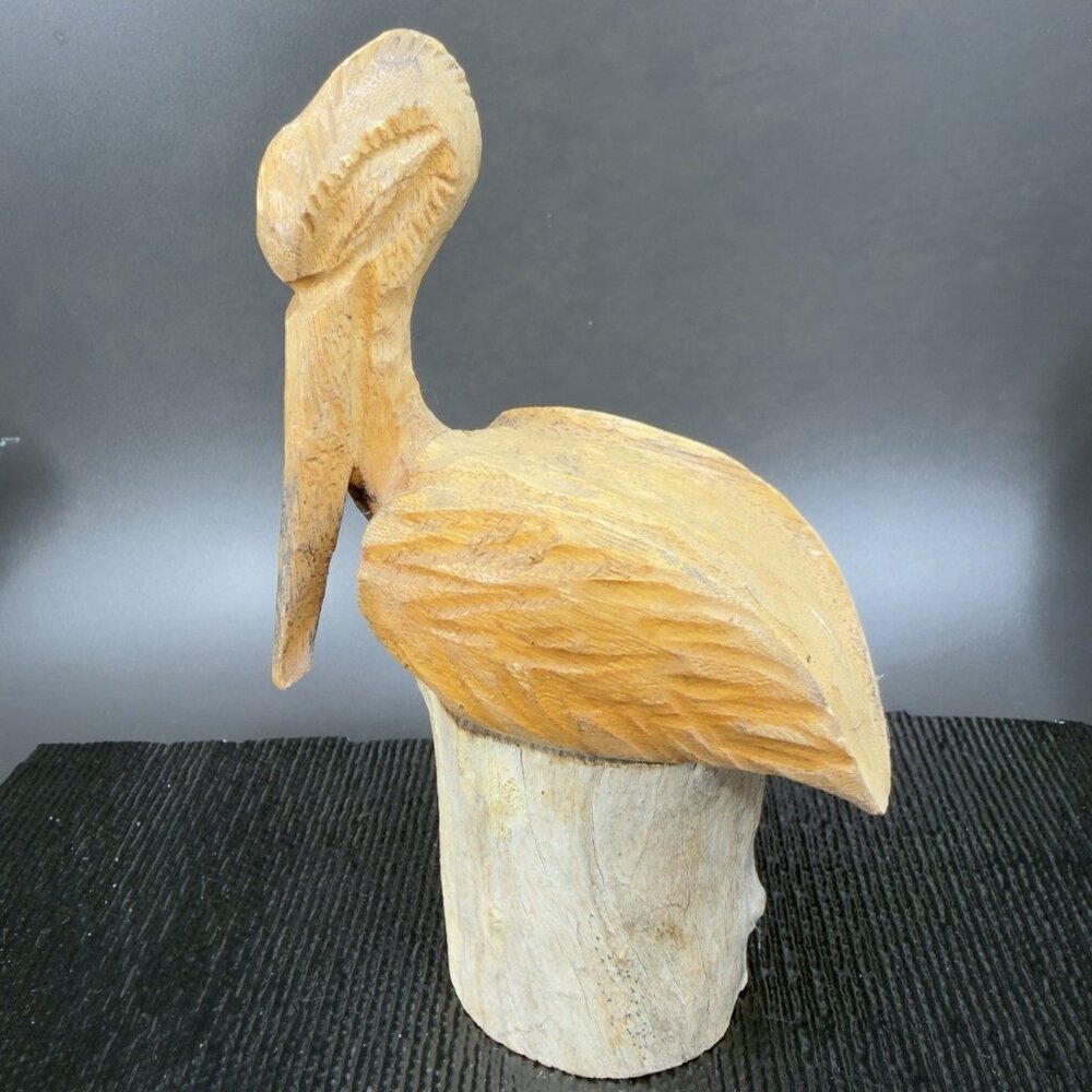 Vintage Hand Made Wooden Pelican Bird Figurine Decor Hand Carved Figure VTG